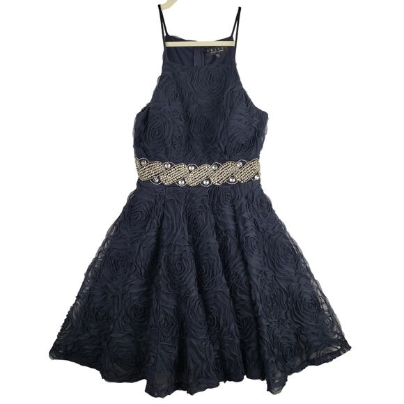 Trixxi Size 5 High Neck Fit & Flare Mini Dress Navy Textured Floral Rhinestone - Picture 1 of 11